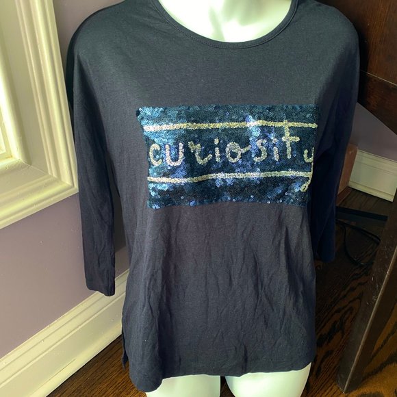 Zara "Curiosity" Sequins 3/4 Sleeve Navy Tee, M EUC - Picture 3 of 8